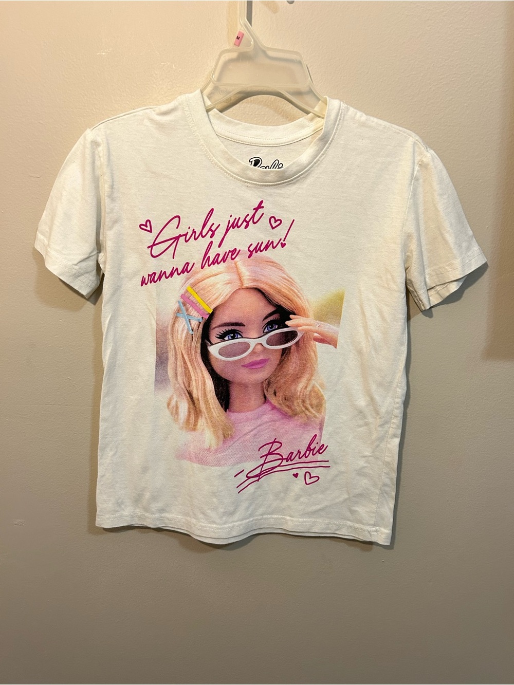 Barbie White Tee with Pink Graphic and Blonde Doll Print